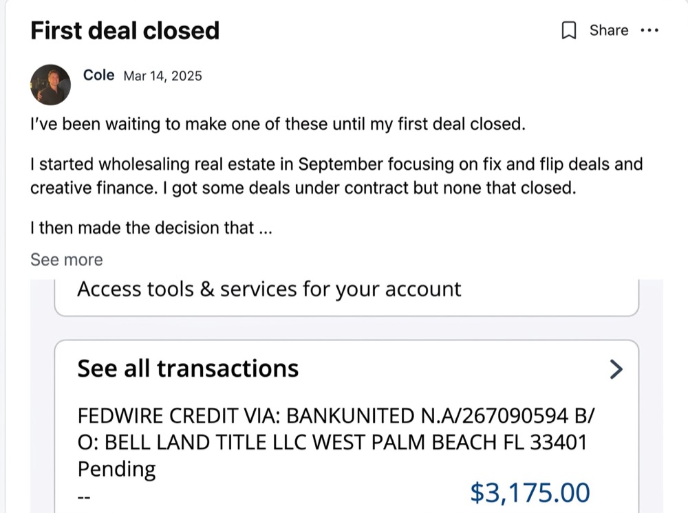 Cole: First deal closed