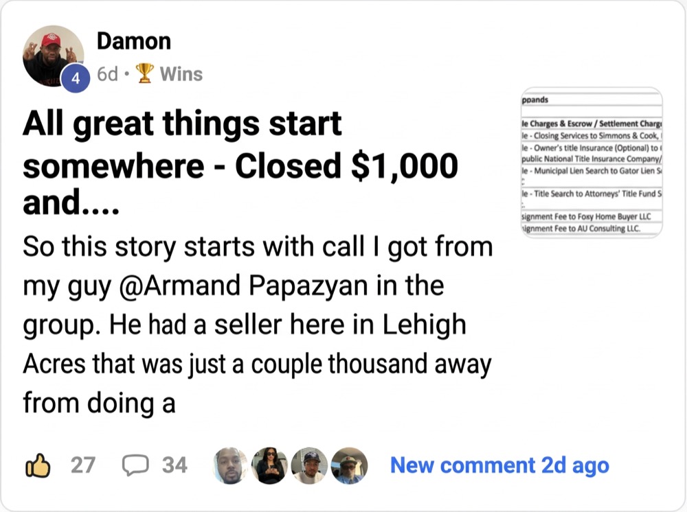 Damon: Closed $1,000 and more
